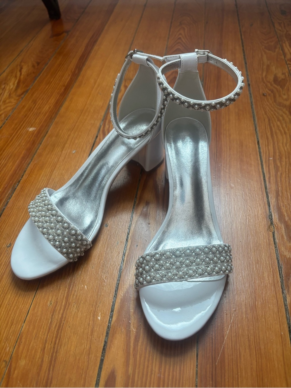 Block Heels Pearls Wedding Sandals Open Toe Ankle Strap - SIZE 9